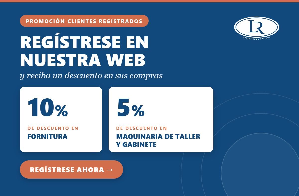 Regístrese en nuestra web y reciba un 10% de descuento en fornitura y un 5% en maquinaria de taller y gabinete